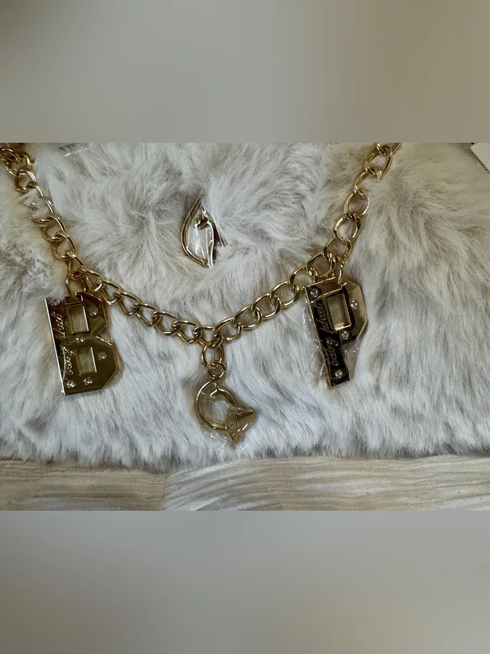 Baby Phat Cream Faux Fur Chain Charm Clutch with Gold Accents